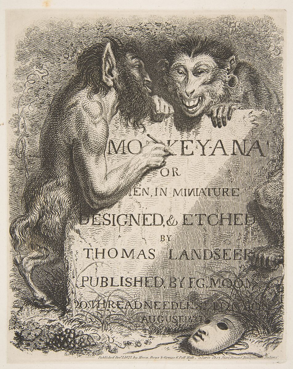 Title Page, from Monkey-ana, or Men in Miniature, Thomas Landseer (British, London 1795–1880 London), Etching on chine collé 