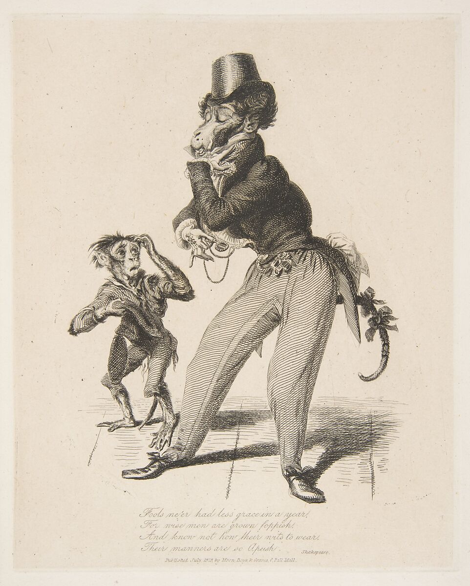 Monkey Dandy, from Monkey-ana, or Men in Miniature, Thomas Landseer (British, London 1795–1880 London), Etching on chine collé 