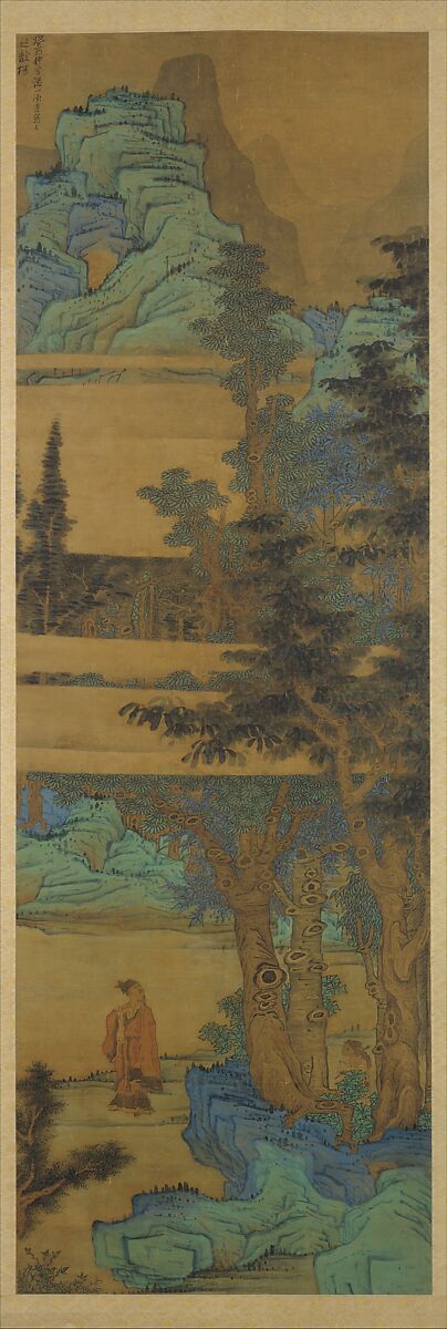 Scholar-recluse in blue-green landscape, Chen Hongshou (Chinese, 1598/99–1652), Hanging scroll; ink and color on silk, China 