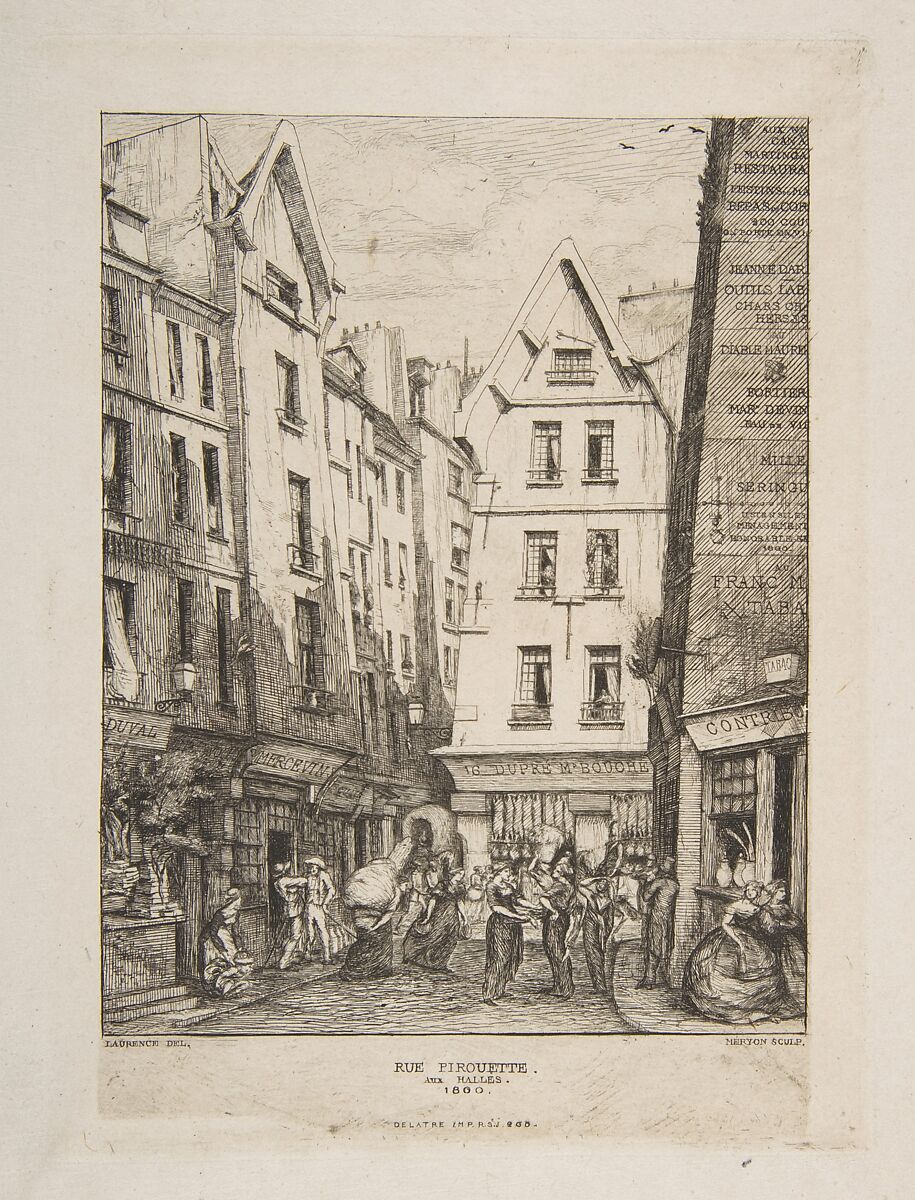 Rue Pirouette aux Halles (Rue Pirouette aux Halles, Paris, after Laurence), Charles Meryon (French, 1821–1868), Etching with drypoint 