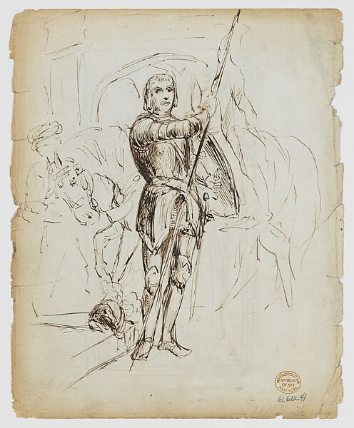 Vignette with Crown, Armor and Ecclesiastical Elements(recto); Knight in Armor (verso), Attributed to Charles Frederick Buckley (Irish, Cork 1812–1869), Recto: brush and gray wash over pen and black ink
Verso: pen and black ink over graphite