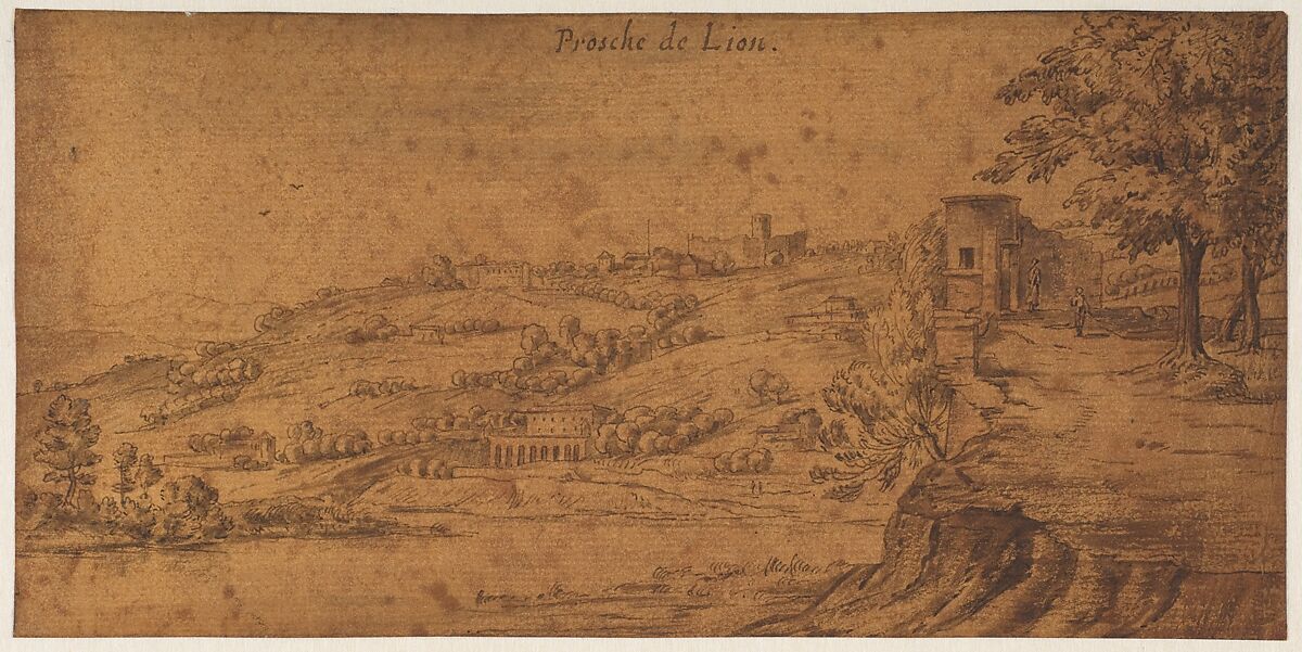 View of the Rhone river near Saint-Genis-Laval, south of Lyons, Michiel van Overbeek (Dutch, active 1663–1709), Pen and brown ink, brown wash, on brown paper; framing line in pen and brown ink, possibly by the artist 