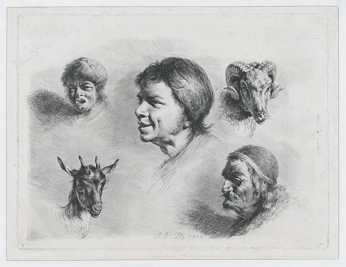 Study of Five Heads, Jean Jacques de Boissieu (French, Lyons 1736–1810 Lyons), Etching; first state of two 