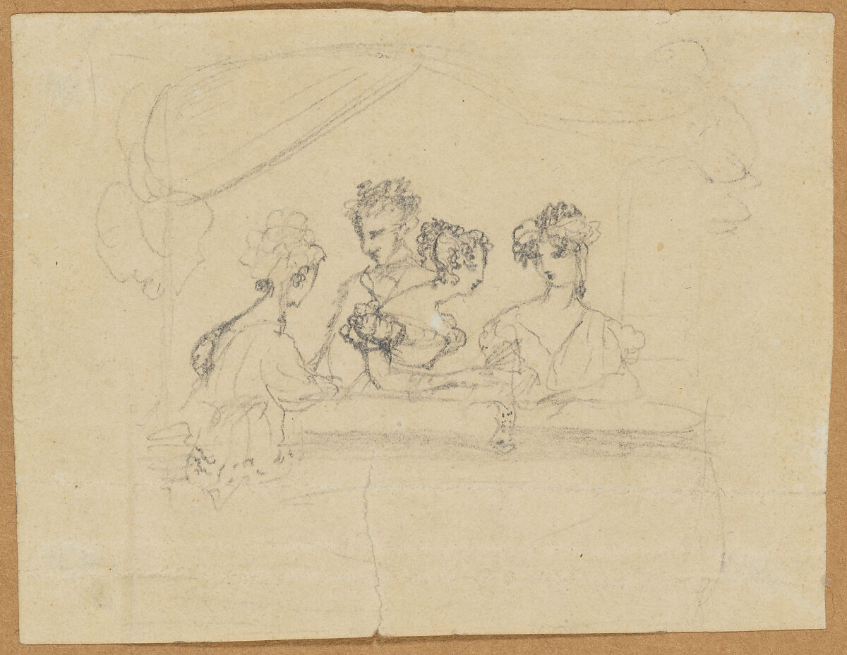 Three Ladies and a Gentleman in a Theater Box, Anonymous, British, 19th century, Graphite 