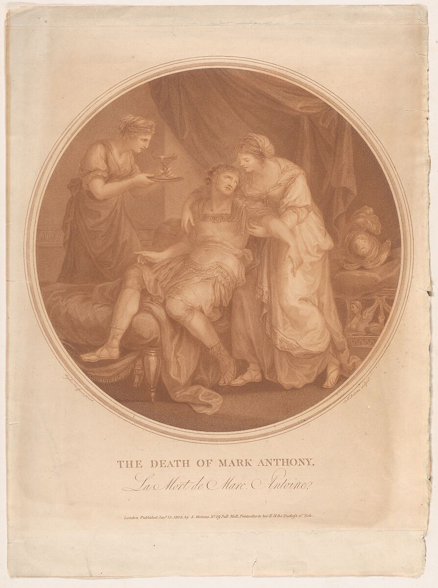 The Death of Mark Anthony –  Le Mort de Marc Antoine (Shakespeare, Antony and Cleopatra, Act 4, Scene 15), Jean Marie Delattre (French, Abbeville 1745–1840 Fulham, London), Stipple engraving, printed in reddish-brown ink 