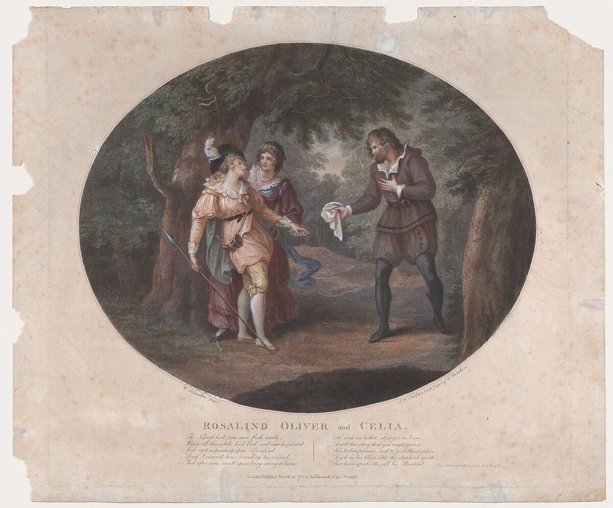 Rosalind, Oliver and Celia (Shakespeare, As You Like It, Act 4, Scene 6), Peltro William Tomkins (British, London 1759–1840 London), Etching and engraving, hand-colored 