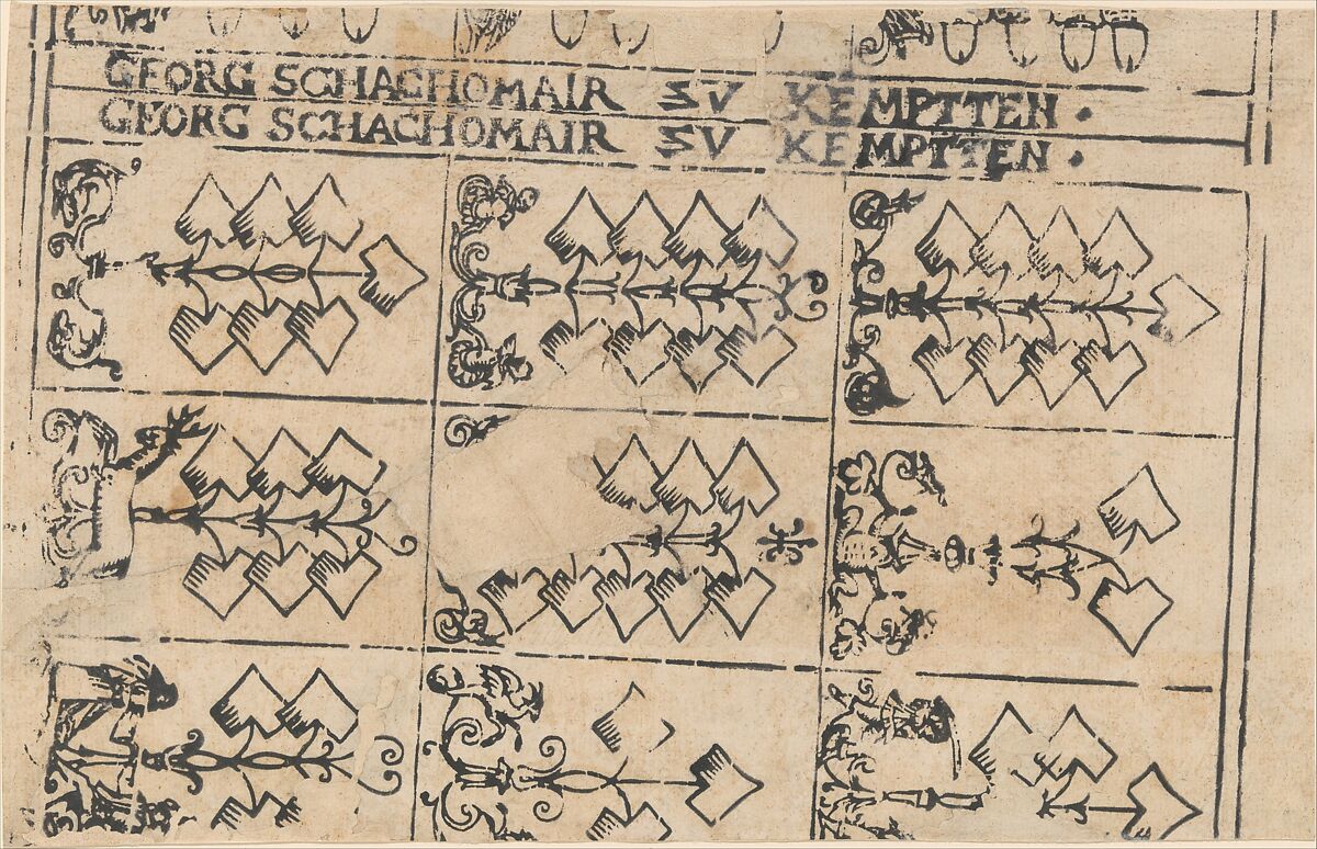 Sheet of Playing Cards, Georg Schachomair (German, 16th century), Woodcut 