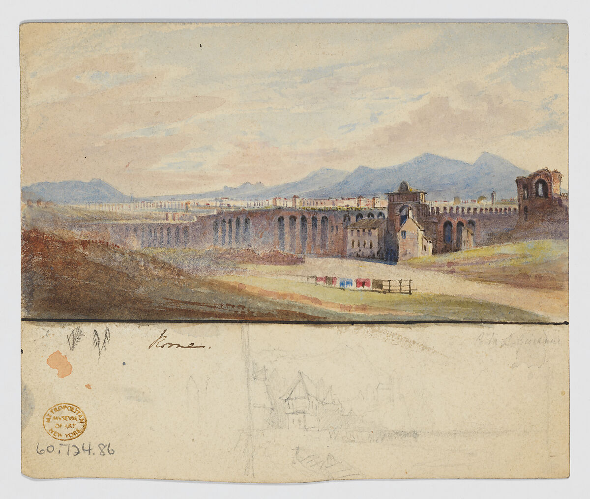 The Fountain of the Académie de France in Rome (recto); The Gate of San Giovanni in Rome and a lakeside village (verso), Anonymous, British, 19th century, Recto: watercolor over pen and ink
Verso: watercolor and graphite