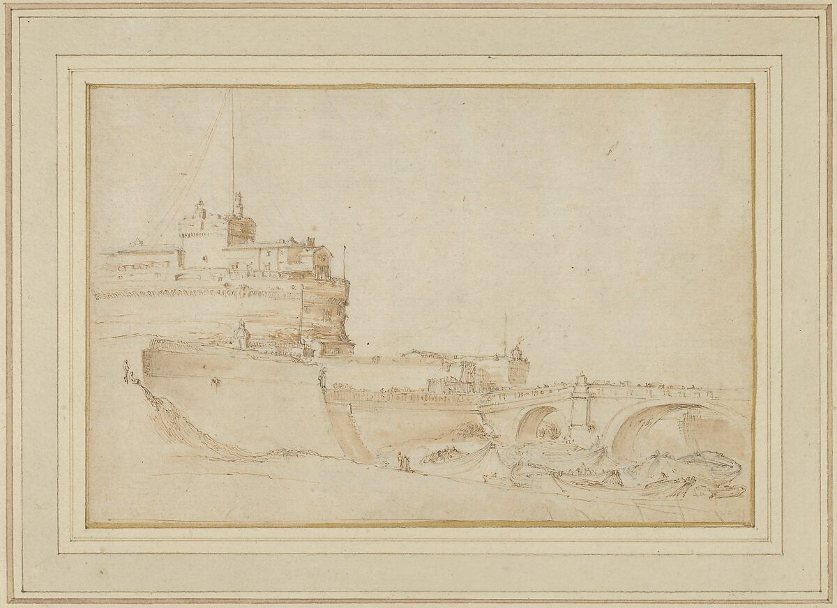 Ponte and Castell Saint'Angelo, Stefano della Bella (Italian, Florence 1610–1664 Florence), Brown ink over graphite with brown wash 