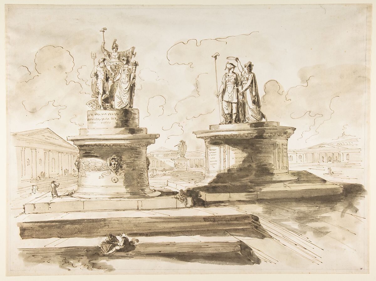 Two sculptures on pedestals, Circle of Felice Giani (Italian, San Sebastiano Curone, near Alessandria 1758–1823 Rome), Brown pen and ink and wash 