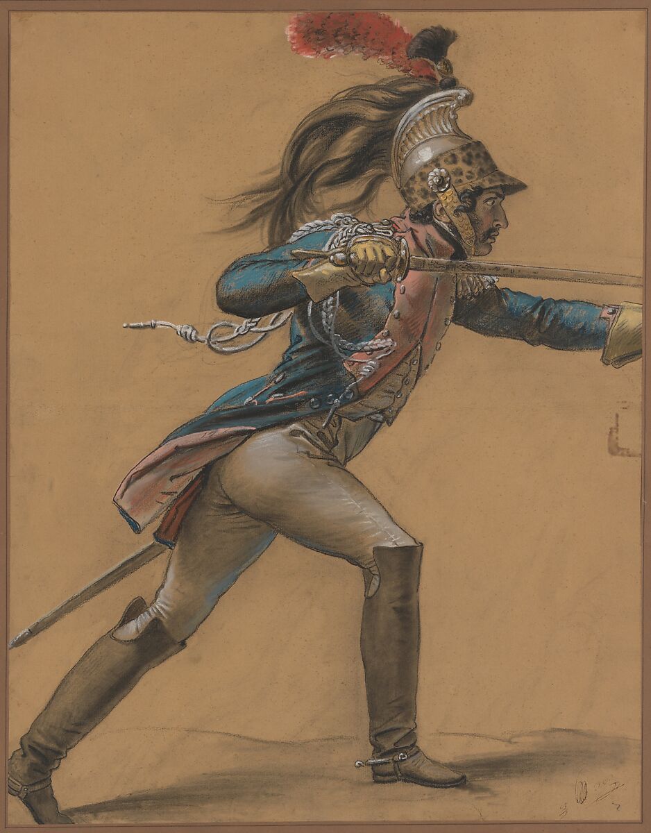 A French Dragoon, Study for "The Revolt of Cairo", Anne Louis Girodet-Trioson (French, Montargis 1767–1824 Paris), Pastel and conté crayon, with some stumping, on gold-colored dyed laid paper 