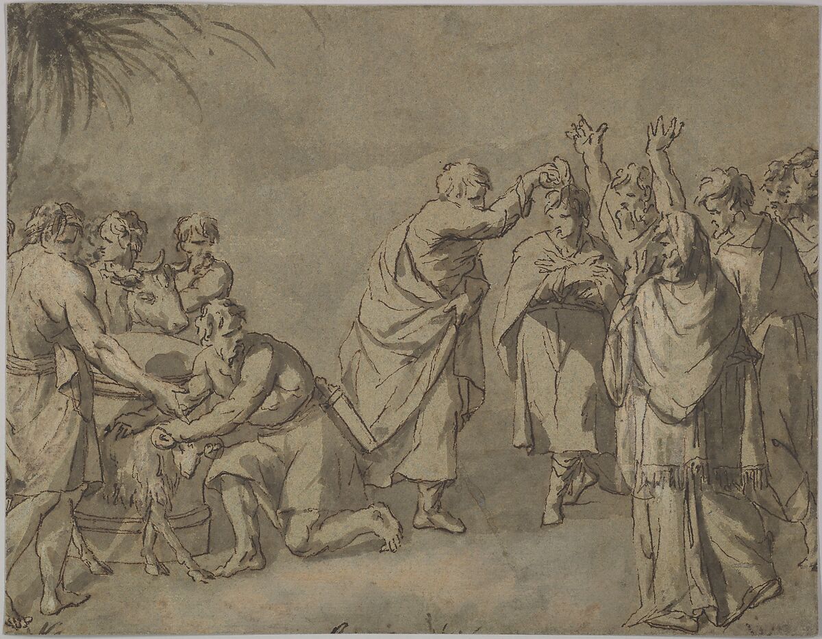 The Return of Joseph, John Michael Rysbrack (Flemish, Antwerp 1694–1770 London), Pen and brown ink, brush and brown wash, heightened with white, on gray paper (once blue) 