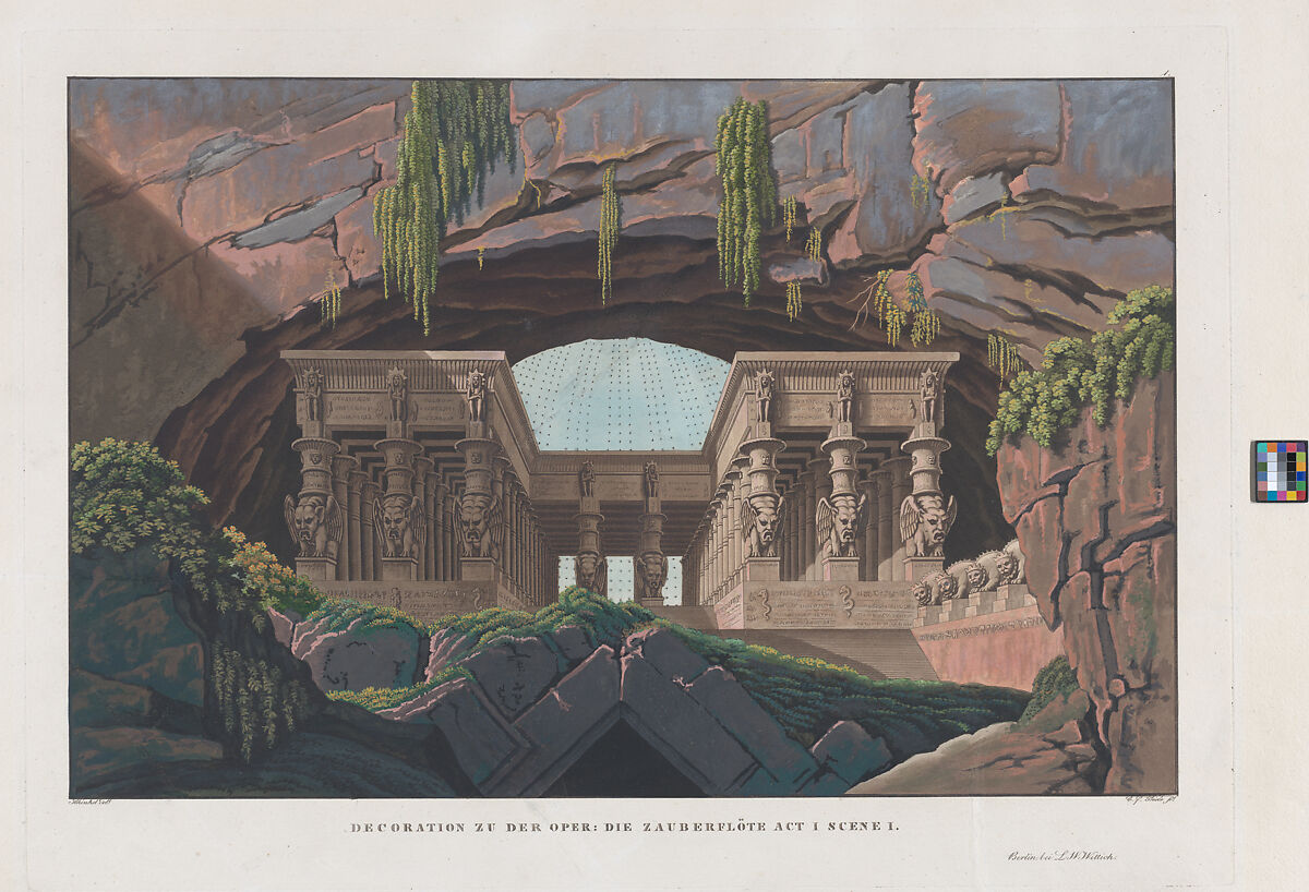 Design for the Opera: The Magic Flute, Act I, Scene I, Karl Friedrich Thiele (German, 1780–1836), Aquatint printed in color and hand colored 