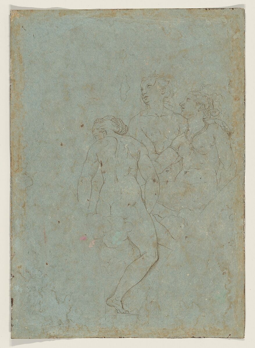 A Winged Putto Riding a Sea Horse and a Lion (recto); The Three Graces (verso), Denijs Calvaert (Netherlandish, Antwerp ca. 1540–1619 Bologna), Pen and brown ink, over black chalk (or charcoal), touches of red chalk, highlighted with white gouache, on blue paper (recto); pen and brown ink over black chalk, on blue paper (verso)