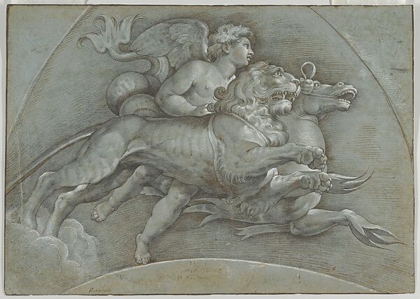 A Winged Putto Riding a Sea Horse and a Lion; verso: The Three Graces