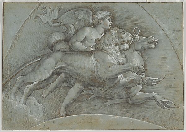 A Winged Putto Riding a Sea Horse and a Lion (recto); The Three Graces (verso)