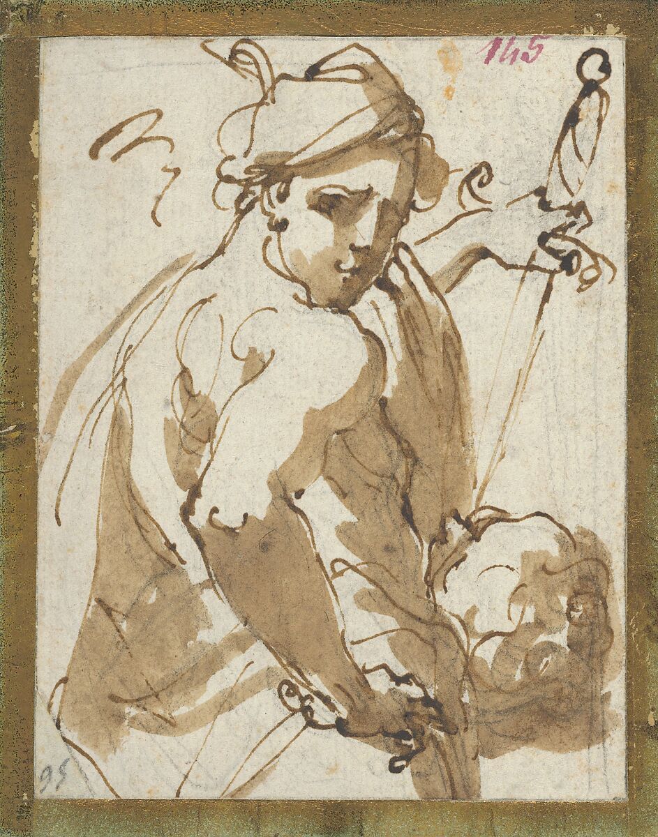 Judith with the Head of Holofernes, Ubaldo Gandolfi (Italian, San Matteo della Decima 1728–1781 Ravenna), Pen and brown ink, brush and brown wash 