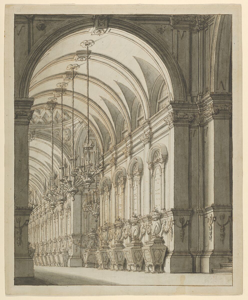 Vaulted Hall with Candelabra, Ferdinando Galli Bibiena (Italian, Bologna 1657–1743 Bologna), Pen, ink, and wash 