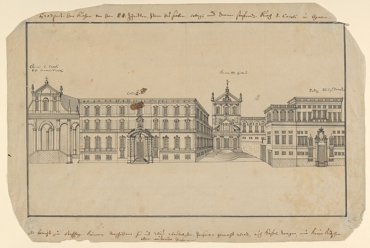 View of Via Balbi in Genoa, Anonymous, Italian (Genoese?), 17th Century, Pen and ink drawing with blue wash 