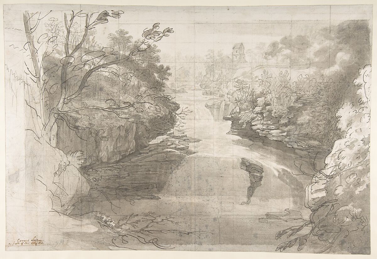 Corra Linn, the Falls of the Clyde, Joseph Farington (British, Leith, Lancashire 1747–1821 Didsbury, Lancashire), Pen and ink, brush and wash, over graphite 