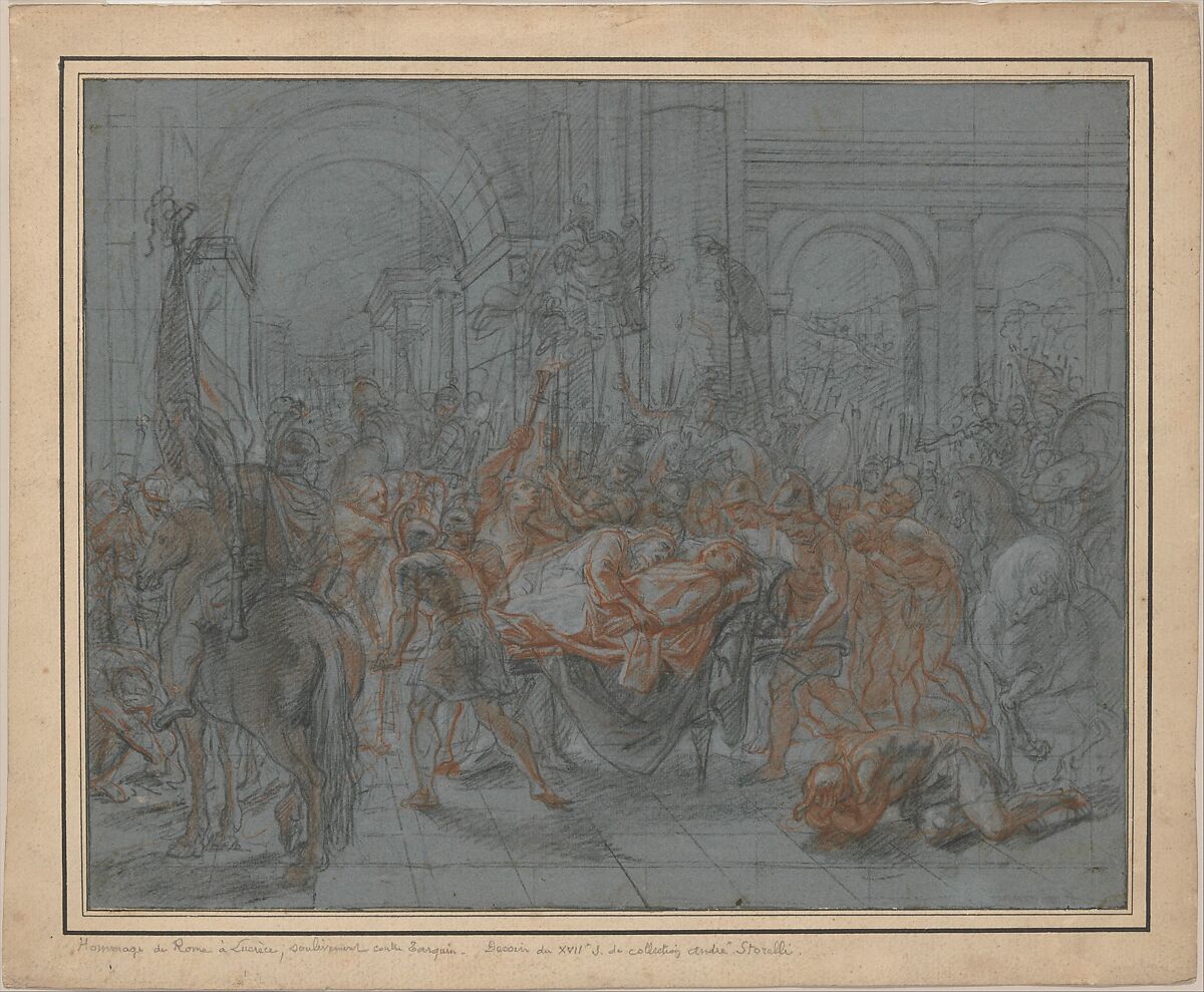 Study for the Funeral of Pallas, Antoine Coypel (French, Paris 1661–1722 Paris), Red and black chalk heightened with white chalk on blue paper 
