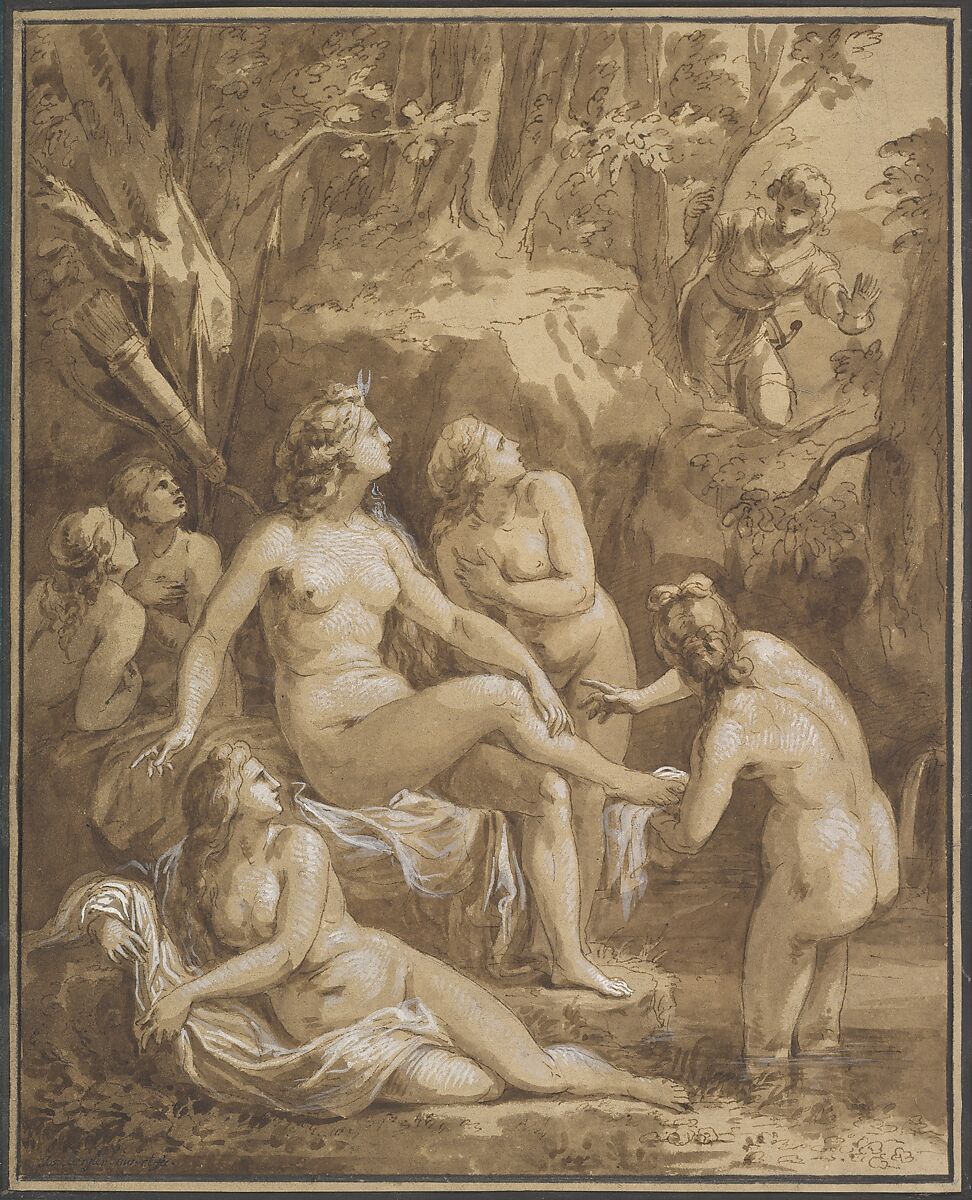Diana and Actaeon, Joseph Bergler the Younger (Austrian, Salzburg 1753–1829 Prague), Pen and brown ink, brush and brown wash, heightened with white gouache; framing line in pen and black ink (?), probably not by the artist, over a framing line in pen and brown ink, by the artist 