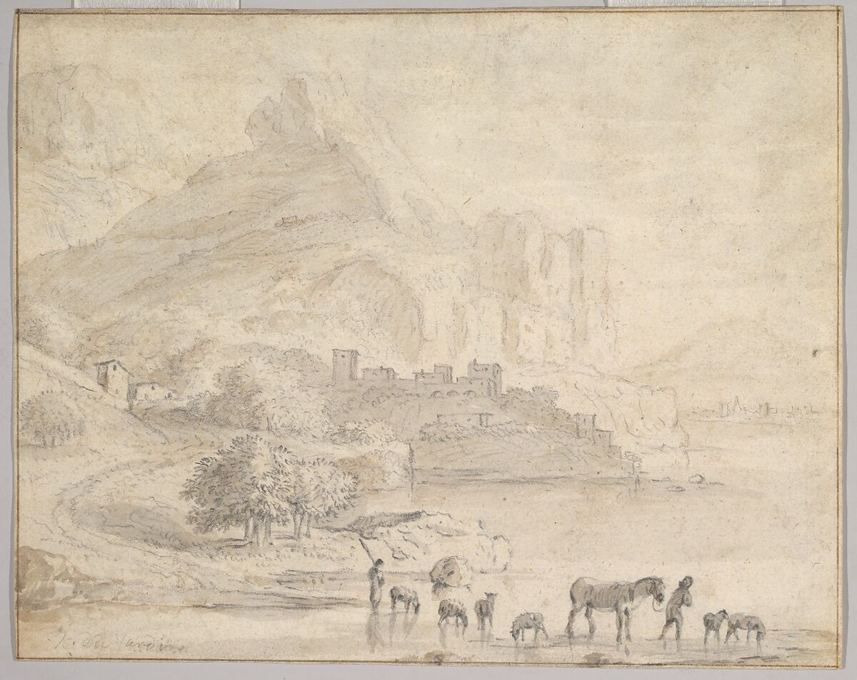 Cattle and Shepherds in a Southern Mountainous Landscape, Karel Dujardin (Dutch, Amsterdam 1622–1678 Venice), Graphite, brown wash, over red chalk. Framing line in pen and brown ink 