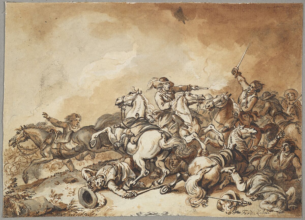 A Battle Scene, Ferdinand Kobell (German, Mannheim 1740–1799 Munich), Pen and black and brown ink, brush and  brown and gray ink, over black chalk; engraved framing line and, at lower center, a cartouche (cropped) 