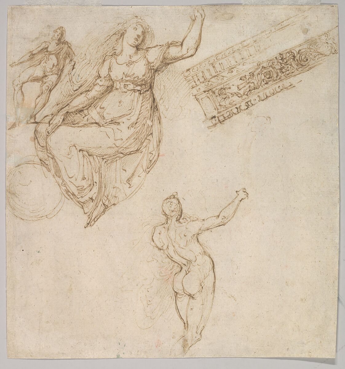 Figure Studies and an Entablature, Anonymous, Italian, Lombard, 16th century, Pen and brown ink 