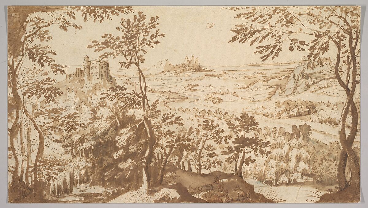 Panoramic Landscape with a Mill, a Castle and Mountains, Master of the Kurpfälzisches Skizzenbuch (active ca. 1600), Pen and brown ink, brush and brown wash; pen and brown ink (later addition) 