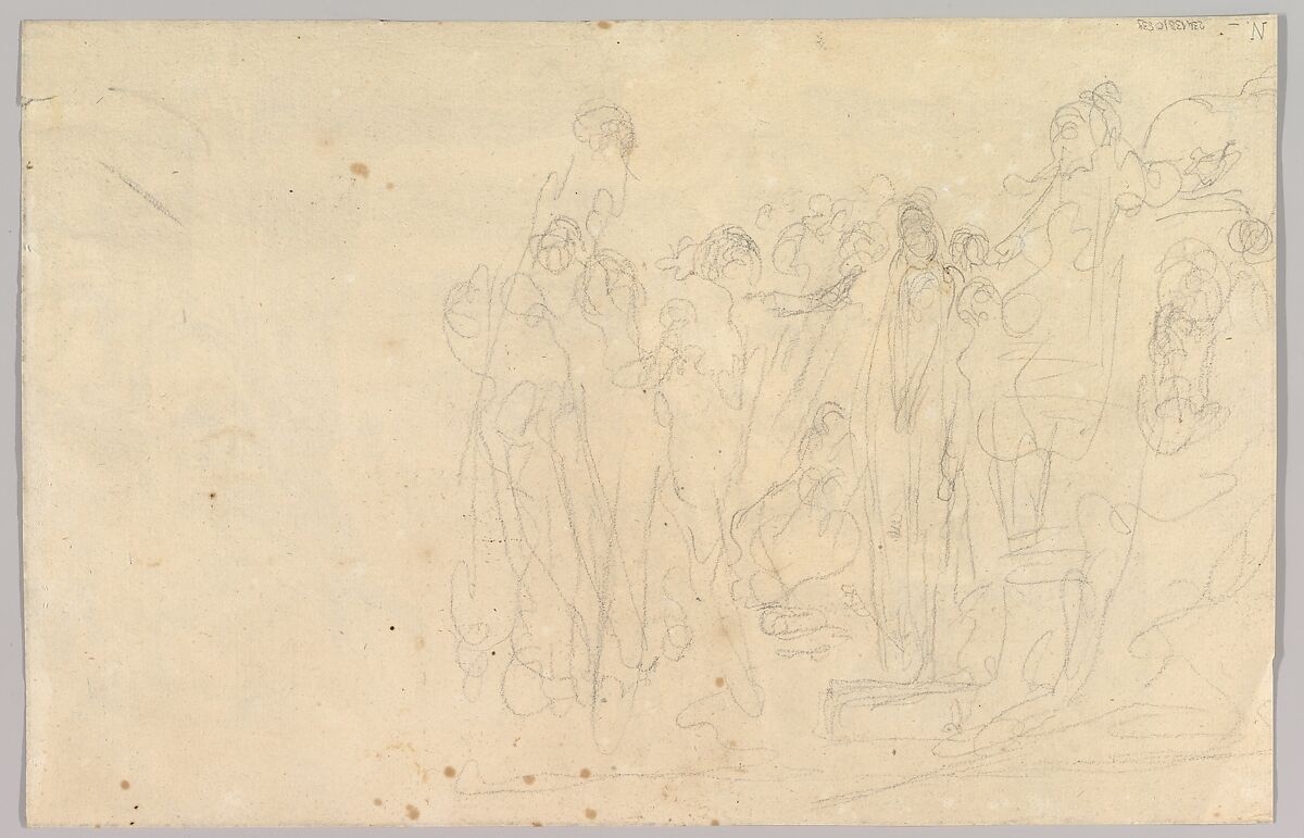 An Antique Sacrificial Scene (recto); Sketch of a Group of People (verso), Johann Eleazar Zeissig, called Schenau (German, Grossschönau (Gross-Schönau) 1737–1806 Dresden), Brush and gray ink, heightened with white gouache, over black chalk; framing lines in pen and brown ink, not by the artist; verso: black chalk