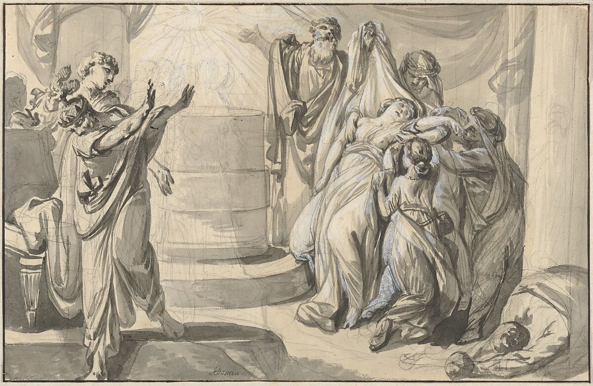 An Antique Sacrificial Scene (recto); Sketch of a Group of People (verso), Johann Eleazar Zeissig, called Schenau (German, Grossschönau (Gross-Schönau) 1737–1806 Dresden), Brush and gray ink, heightened with white gouache, over black chalk; framing lines in pen and brown ink, not by the artist; verso: black chalk 