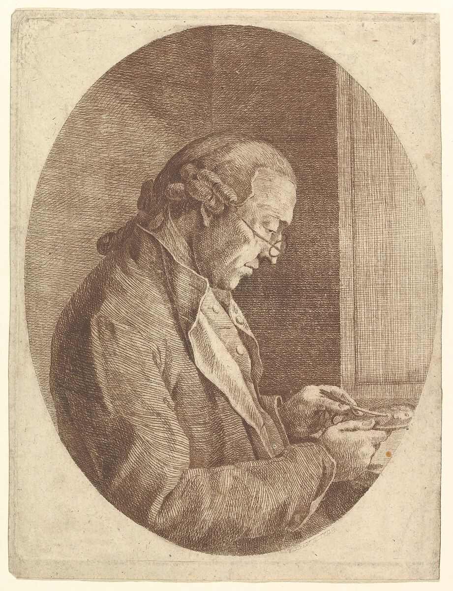 Portrait of an Artist Sketching a Portrait Miniature, Franz Jakob Josef Ignatz von Predl (German, Plattling 1759–1806 Vilsbiburg), Engraving printed in brown ink 