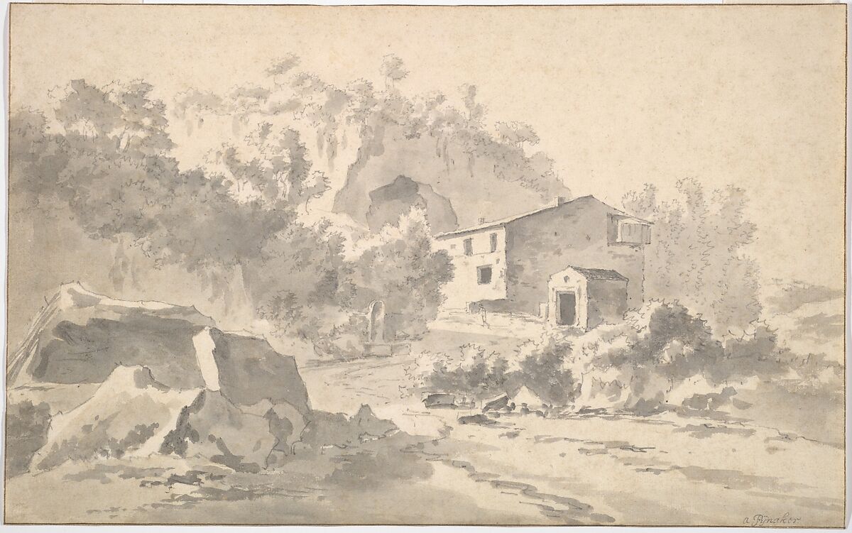 A House on a Hillside in a Southern Landscape, Adam Pynacker (Dutch, Schiedam ca. 1620–1673 Amsterdam), Black chalk, brush and gray wash; framing lines in pen and brown ink 