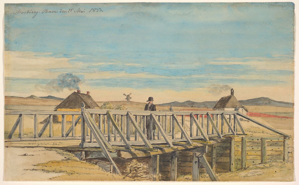 Landscape with a Bridge Near Mosbjerg, Martinus Rørbye (Danish, Drammen 1803–1848 Copenhagen), Watercolor, over graphite 