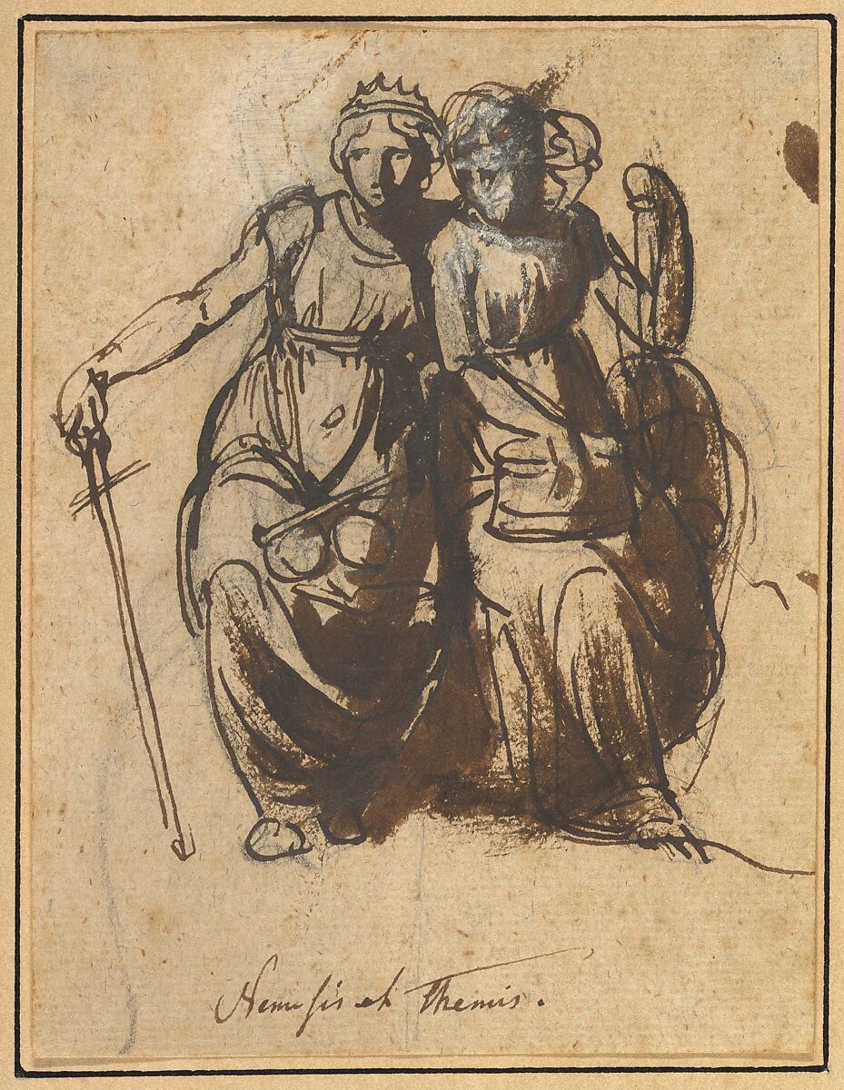 Nemesis and Themis, Nicolai Abraham Abildgaard (Danish, Copenhangen 1743–1809 Frederiksdal), Pen and brown ink, brown wash, heightened with white gouache, over black chalk 
