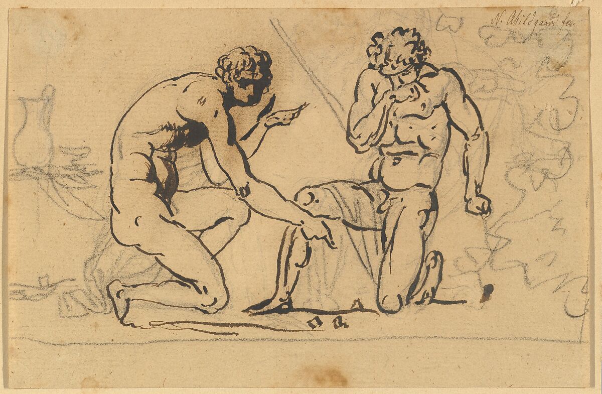 Two Nude Men Playing with Dice, Nicolai Abraham Abildgaard (Danish, Copenhangen 1743–1809 Frederiksdal), Pen and black ink, over graphite 
