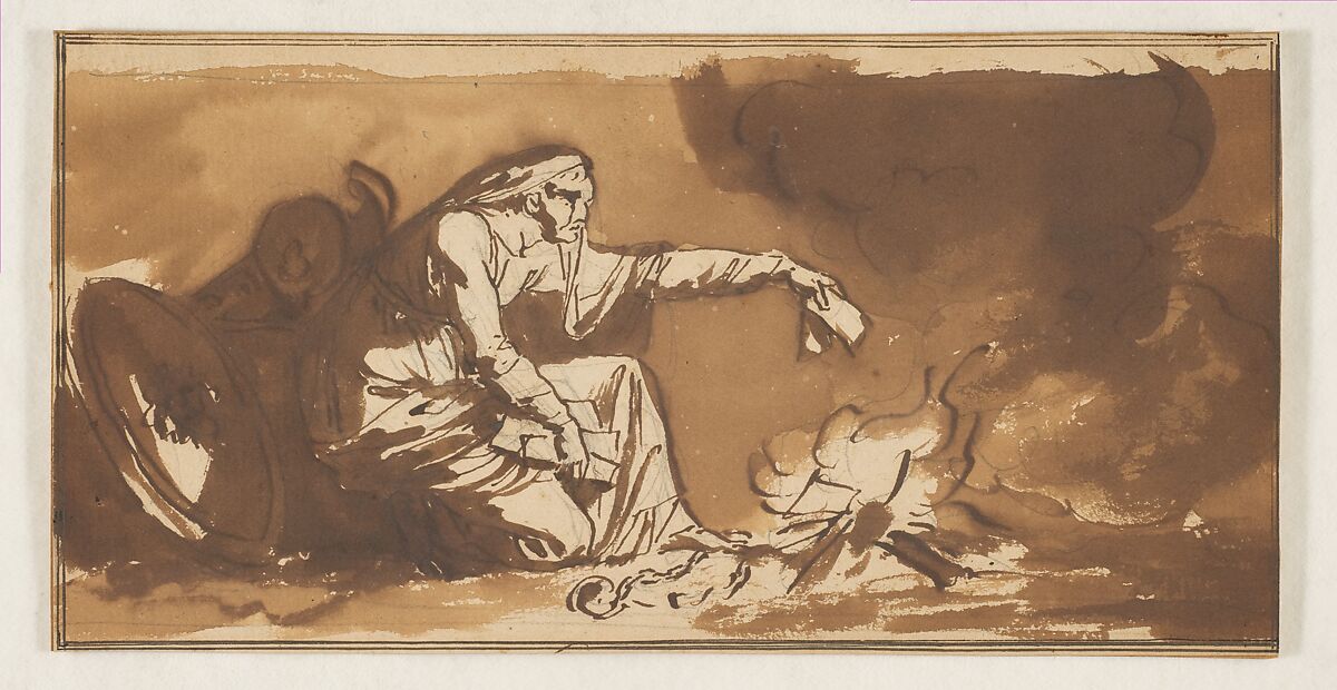 An Old Woman Burning Papers, Nicolai Abraham Abildgaard (Danish, Copenhangen 1743–1809 Frederiksdal), Pen and brown ink, brush and brown wash, over black chalk or graphite 