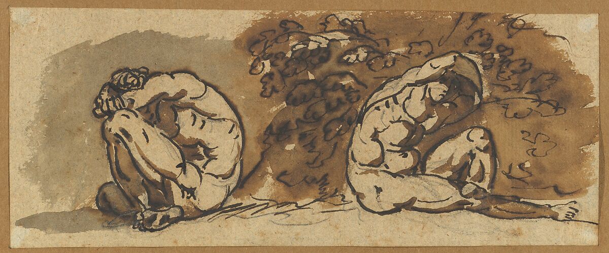 Two Studies of a Male Nude (Althaemenes) Hiding in a Bush, Nicolai Abraham Abildgaard (Danish, Copenhangen 1743–1809 Frederiksdal), Pen and brown ink, brown wash, over graphite 