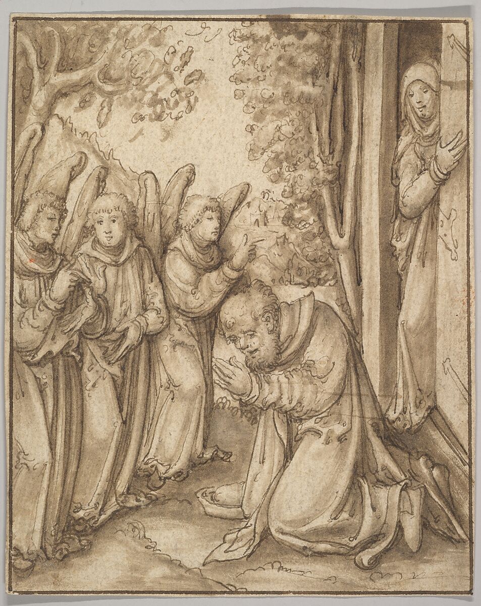 Abraham and the Three Angels, Circle of Lucas Cranach the Elder (German, Kronach 1472–1553 Weimar), Pen and brown ink, brown wash; framing line in pen and brown ink, probably by the artist 