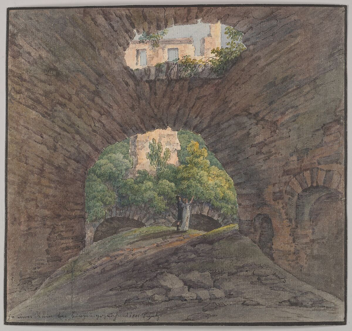 A Young Couple Viewing Ruins near Bingen, Christian Georg Schütz the Younger (German, Flörsheim 1758–1823 Frankfurt am Main), Pen and black ink, watercolor; framing line in pen and black ink, probably by the artist 