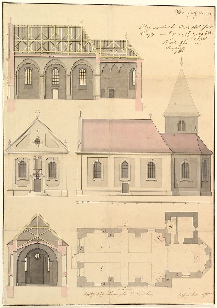 Design for the Parish Church of Merkershausen, Balthasar Neumann (German, Eger/Bohemia 1687–1753 Würzburg), Pen and black ink, gray wash, watercolor, over graphite or black chalk 