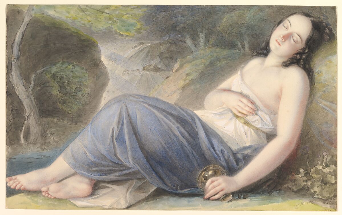 Psyche Asleep in a Landscape, Karl Joseph Aloys Agricola (Austrian, Bad Säckingen 1779–1852 Vienna), Watercolor, white gouache, over graphite 