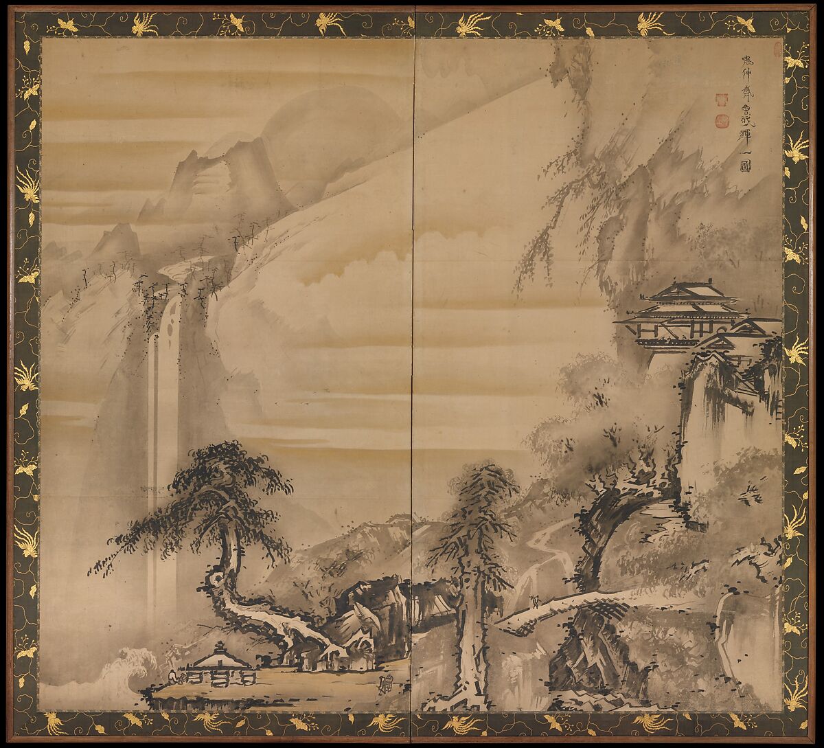 Chinese Scholar Contemplating a Waterfall, Follower of Soga Shōhaku (Japanese, 1730–1781), Two-panel folding screen; ink and gold on paper, Japan 