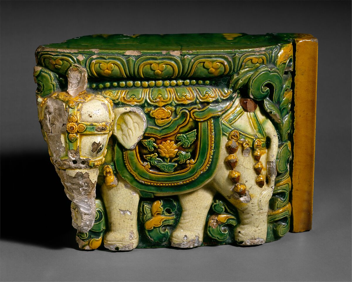 Door frame tile with elephant from the "Porcelain Pagoda", Glazed stoneware, China 