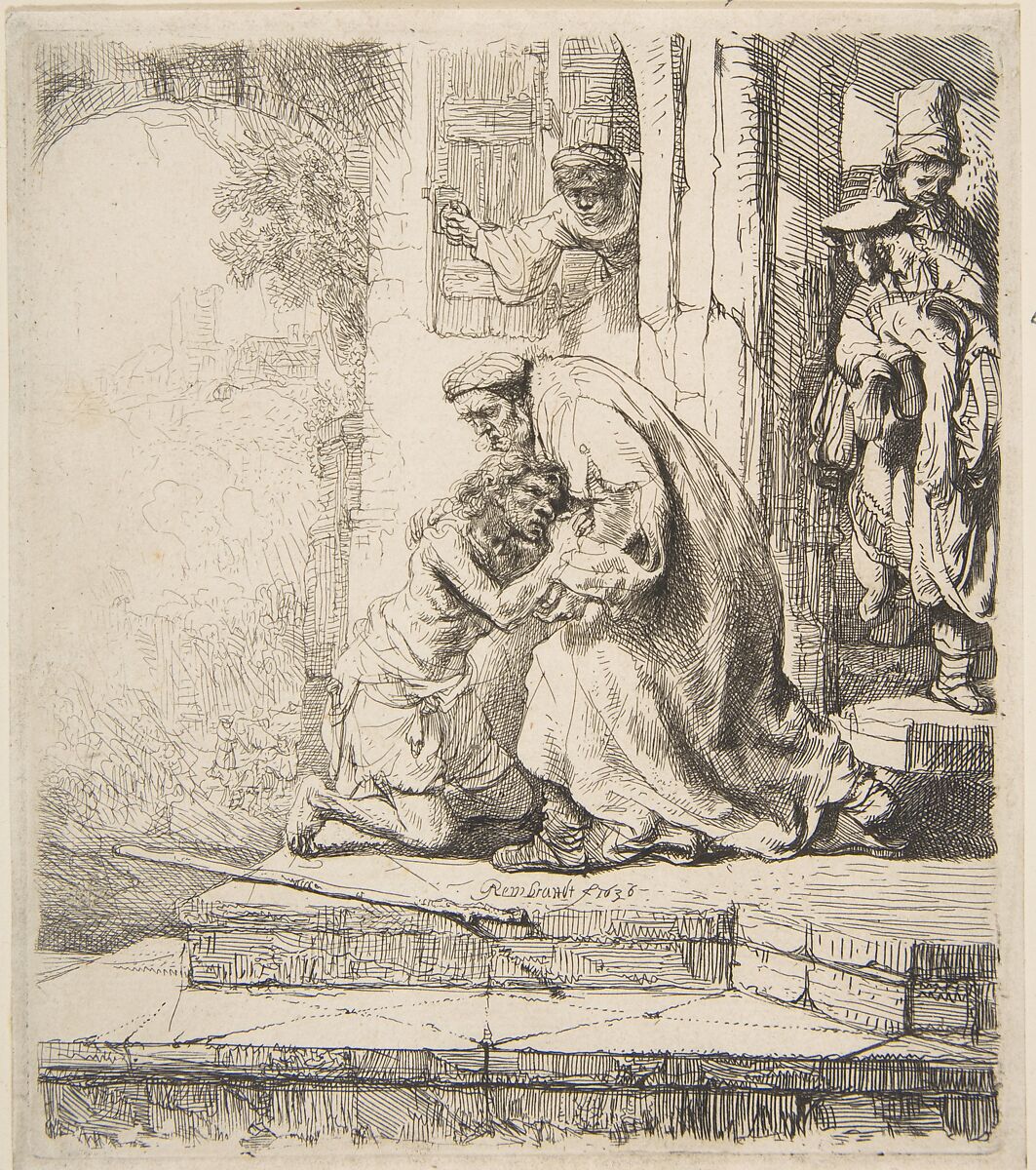 Return of the Prodigal Son, Rembrandt (Rembrandt van Rijn) (Dutch, Leiden 1606–1669 Amsterdam), Etching, pen and ink 