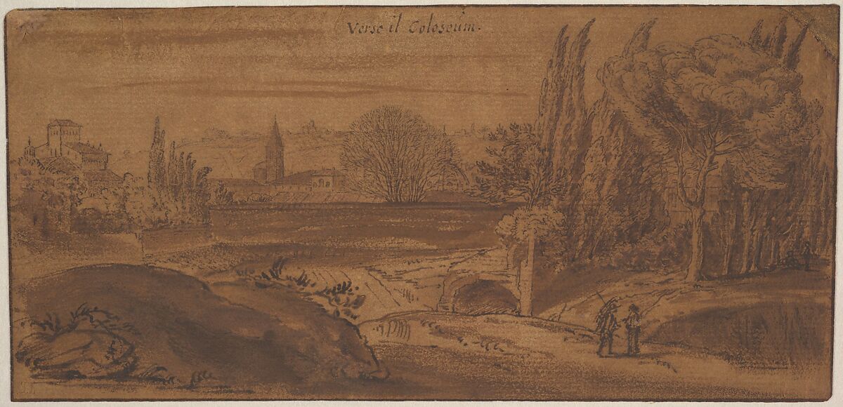 View in Rome near the Colosseum, Michiel van Overbeek (Dutch, active 1663–1709), Pen and brown ink, brown wash, on brown paper; framing line in pen and brown ink, possibly by the artist 