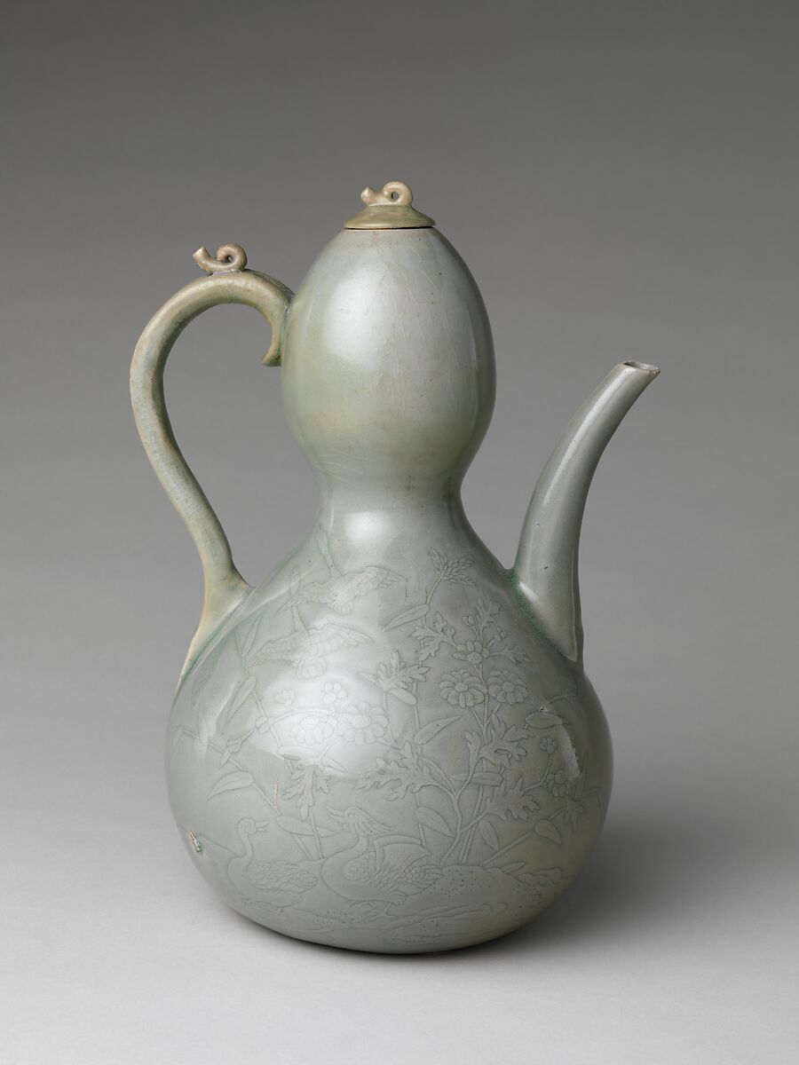 Gourd-shaped ewer decorated with waterfowl and reeds, Stoneware with carved and incised design under celadon glaze, Korea