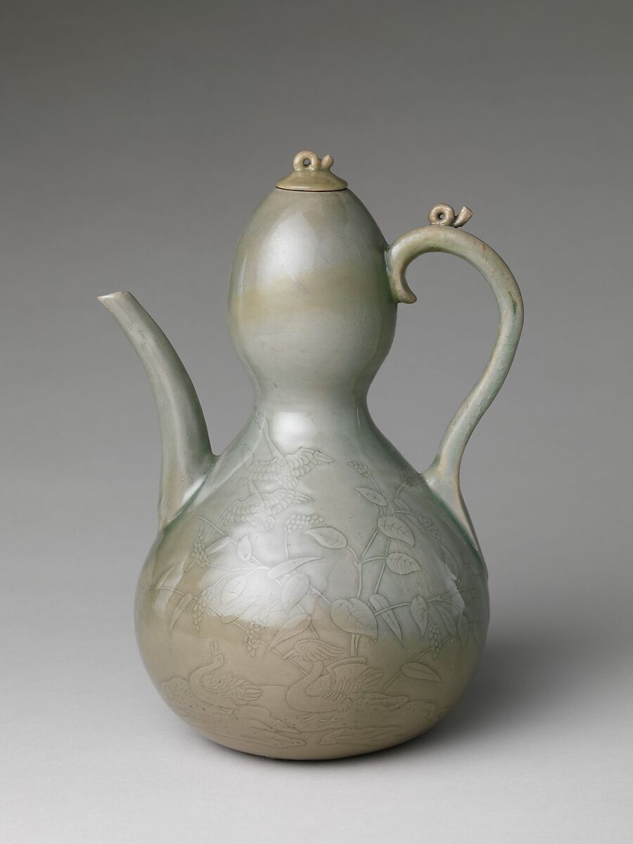 Gourd-shaped ewer decorated with waterfowl and reeds, Stoneware with carved and incised design under celadon glaze, Korea 