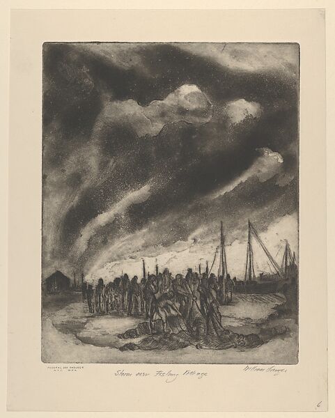 Storm over Fishing Village, William Sanger (American, Brooklyn, New York 1875–1961 New York), Etching and aquatint 